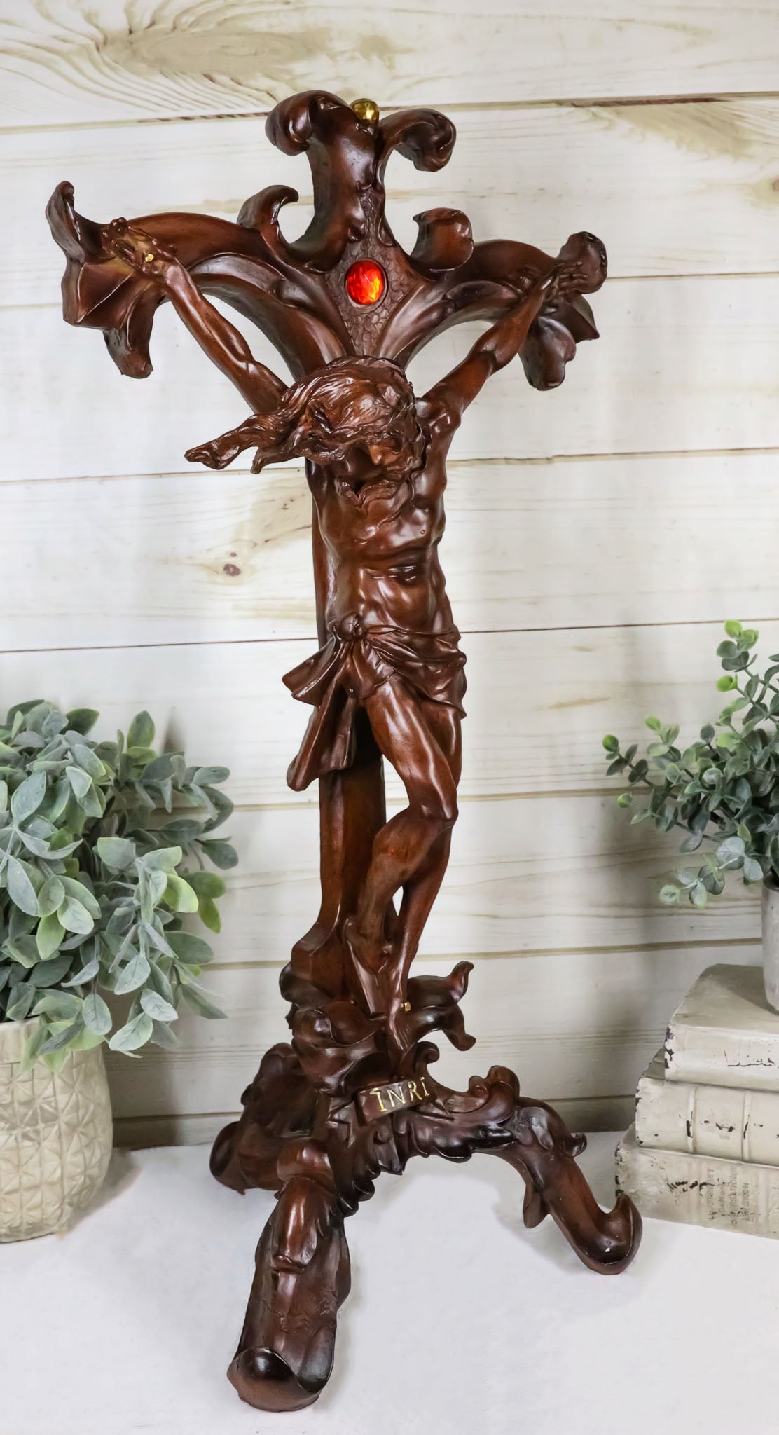 Faux Mahogany Wood Finish Large Jesus Christ Crucifix With Stand Statue 23"Tall