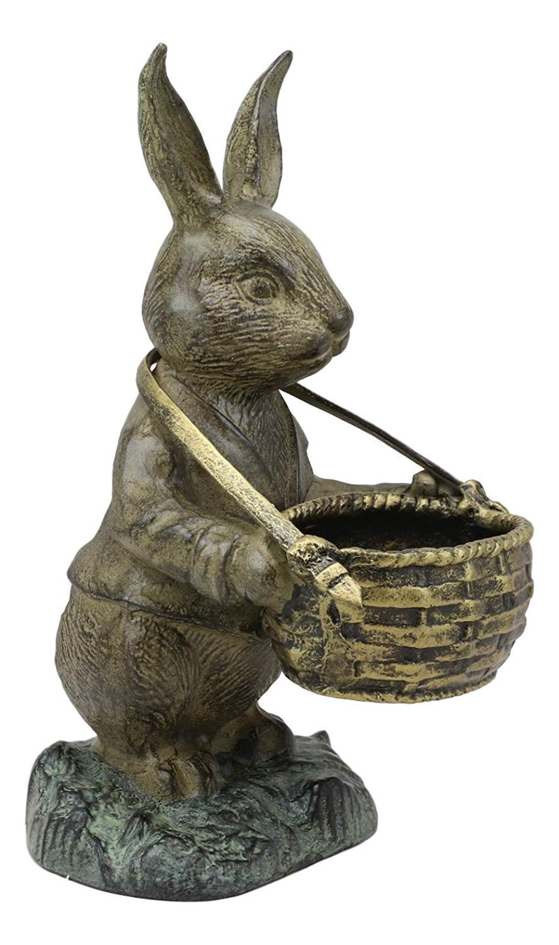 Ebros Aluminum Rustic Bunny Rabbit Holding Basket Planter Pot Garden Statue 13"H
