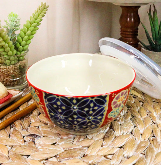 Ebros Set of 2 Ceramic Blue Red Floral Patterns Portion Meal Bowls 2 Cups Airtight Lid