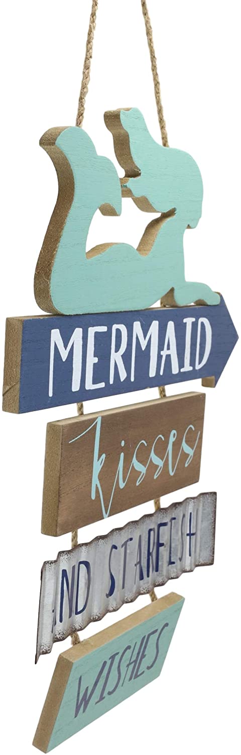 Ebros Teal Mermaid Wall Decor Sign Mermaid Kisses & Starfish Wishes Plaque 13"H