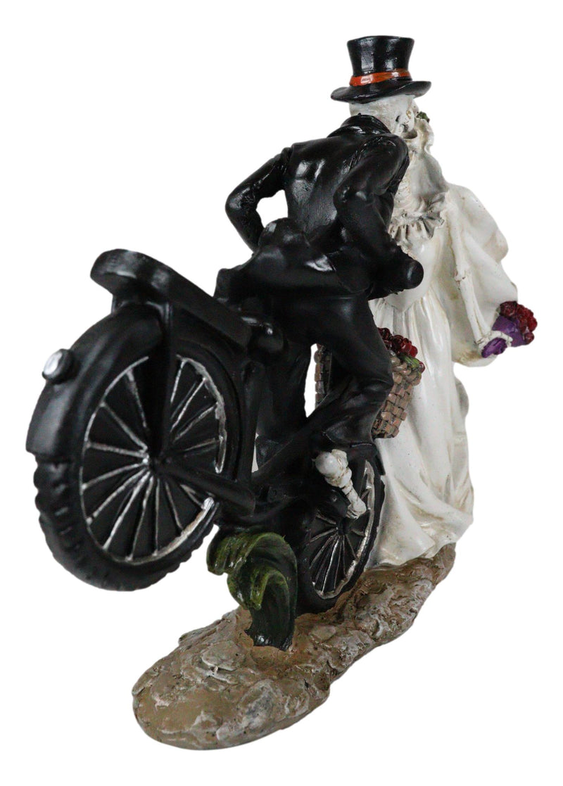 Love Never Dies Skeleton Bridal Couple Kissing On Bicycle W Rose Basket Figurine