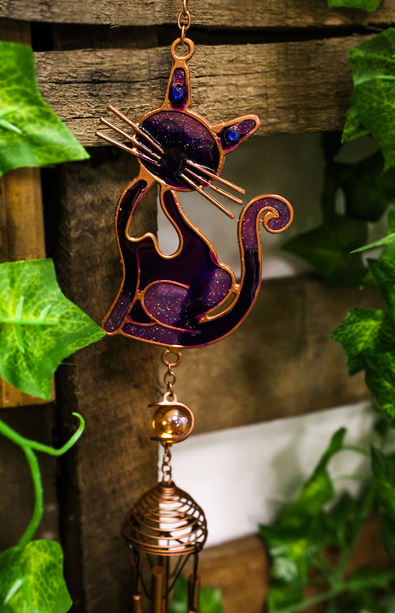 Stained Glass Feline Love Purple Slinky Cat Wind Chime Suncatcher Garden Patio