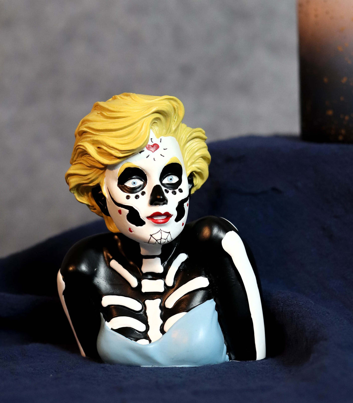 Day of The Dead Sugar Skull Blonde Marilyn in Blue Tie Tube Top Figurine 4" Tall