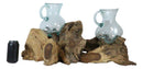 Set Of 2 Balinese Natural Gamal Wood Driftwood With Molten Glass Water Jugs