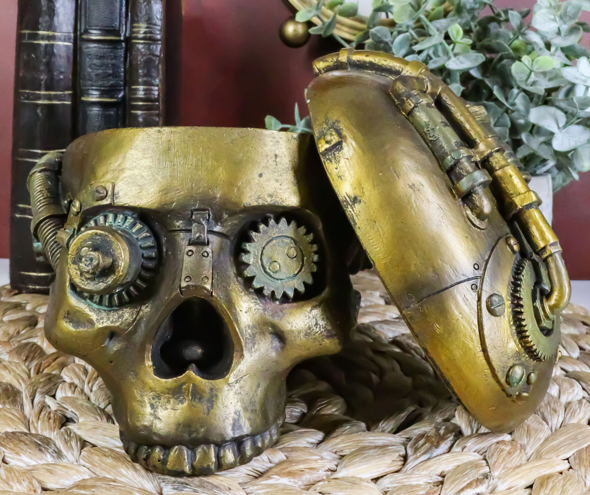 Steampunk Cyborg Robotic Skull Jewelry Box Figurine 7.5"L Skull Bowl Container - Ebros Gift