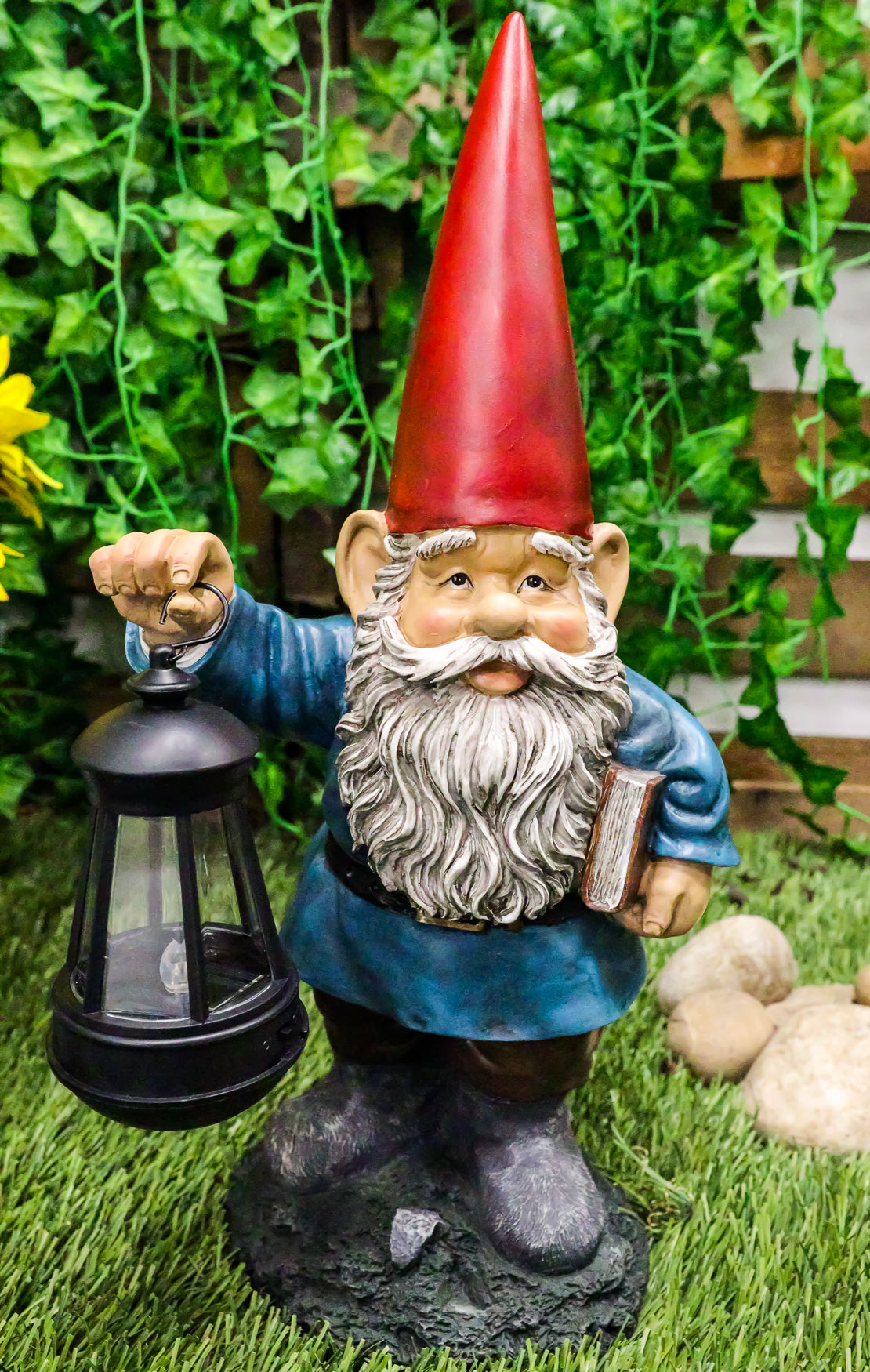 Ebros Whimsical Gnome Holding Book of Spells Solar LED Lantern Light Statue 17"H - Ebros Gift