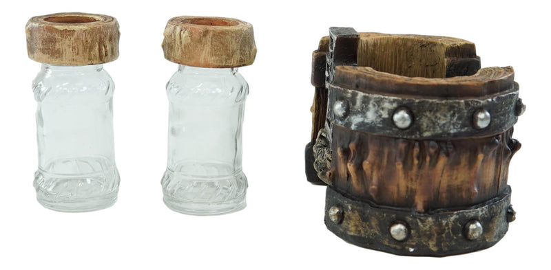 Rustic Western Star Cross With Faux Wood Barrel Base With Salt & Pepper Shakers