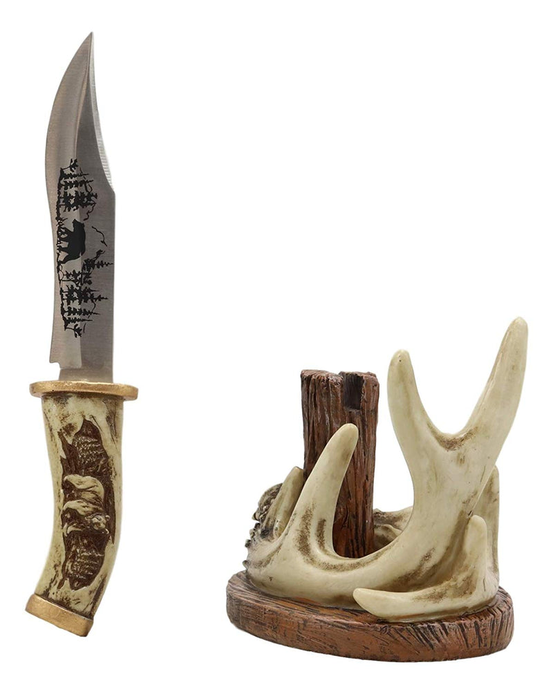 Western Rustic 8 Point Buck Stag Deer Antlers Display With Bear Sculpted Dagger