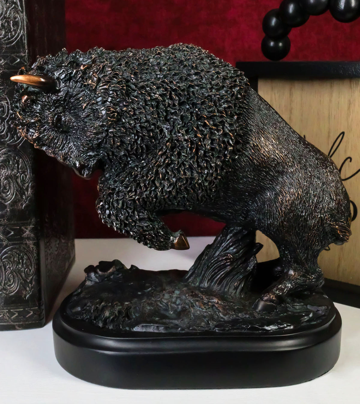 Rustic Western Charging American Buffalo Bison Bronze Electroplated Resin Statue - Ebros Gift