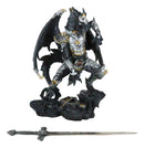 Faux Stone Silver Armored Dragon Holding Excalibur Dagger Blade Sword Statue
