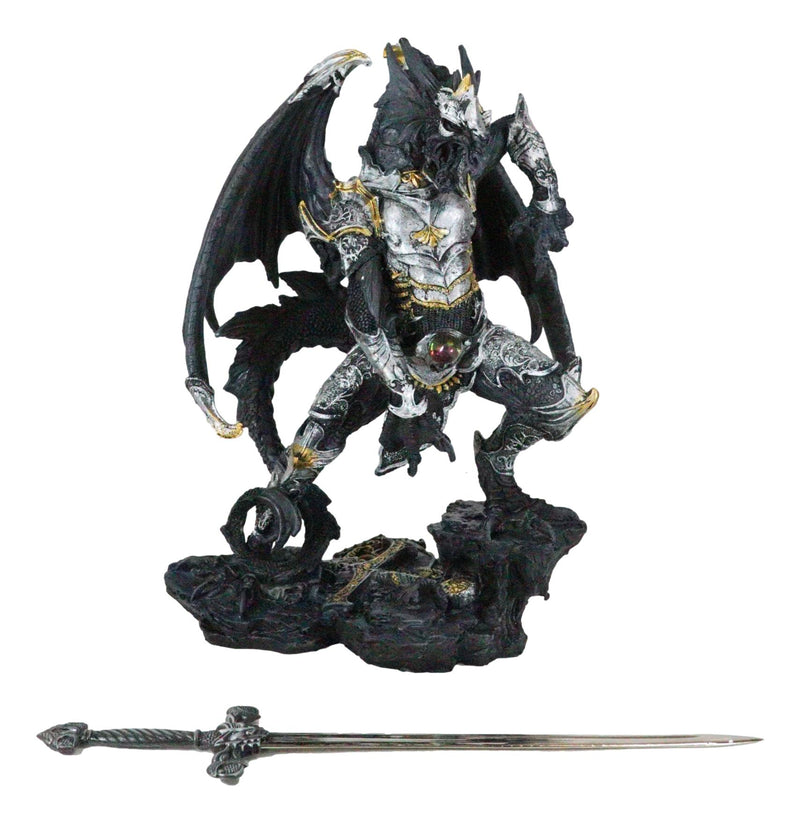 Faux Stone Silver Armored Dragon Holding Excalibur Dagger Blade Sword Statue