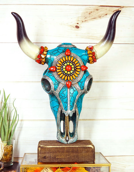Rustic Western Aztec Mosaic Turquoise Cow Steer Bull Skull Desktop