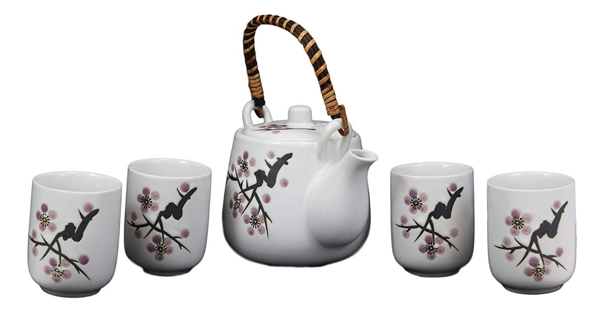 Japanese Design Pink Cherry Blossoms Sakura Porcelain White Tea Pot And Cups Set