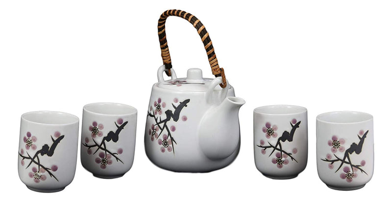 Japanese Design Pink Cherry Blossoms Sakura Porcelain White Tea Pot And Cups Set