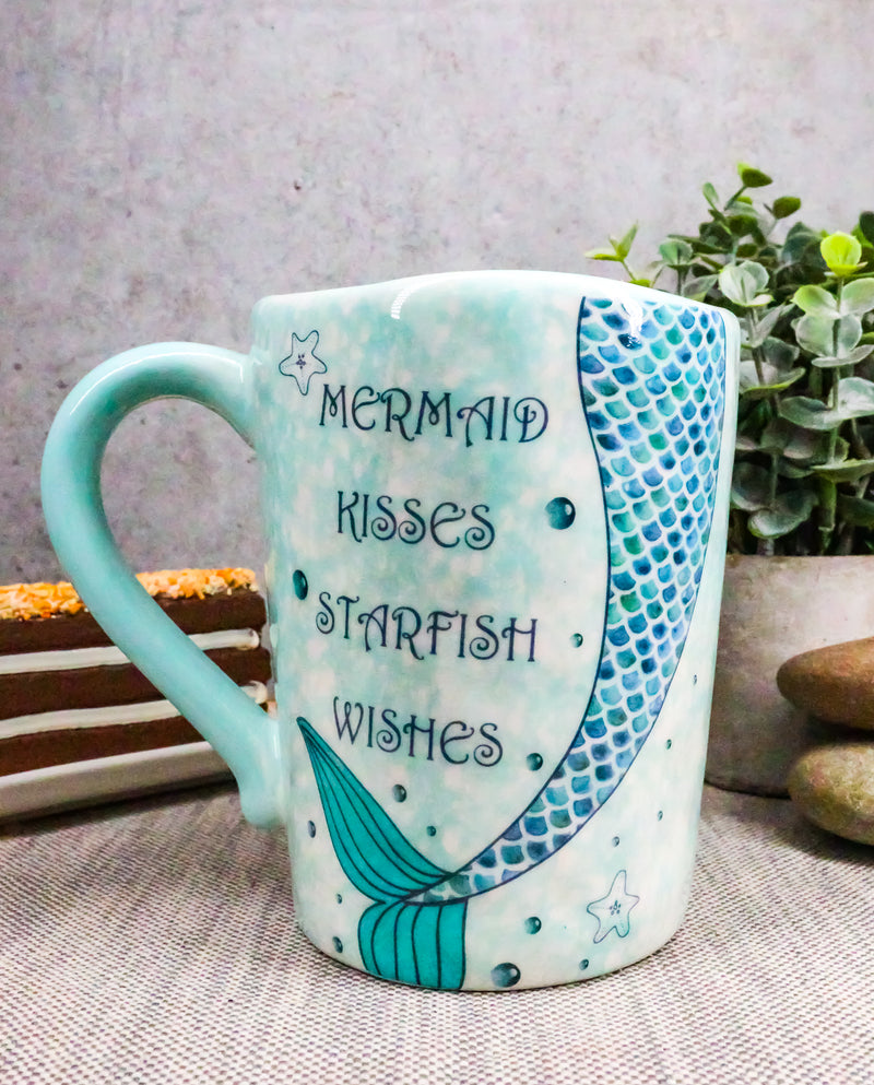 Ebros Nautical Blue Mermaid Kisses Starfish Wishes Ceramic Mug 18oz, Set of 2