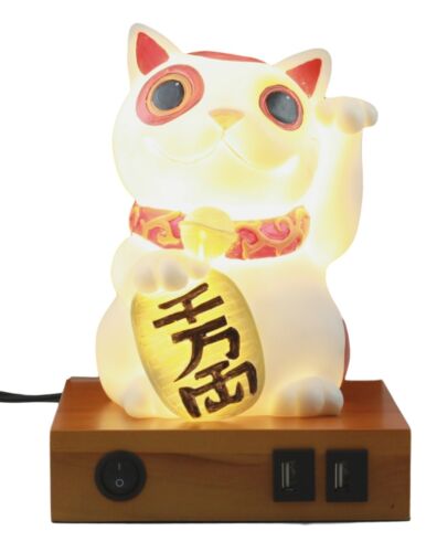 Japanese Lucky Cat Maneki Neko LED Night Light Statue 9"H With 2 USB Ports Decor