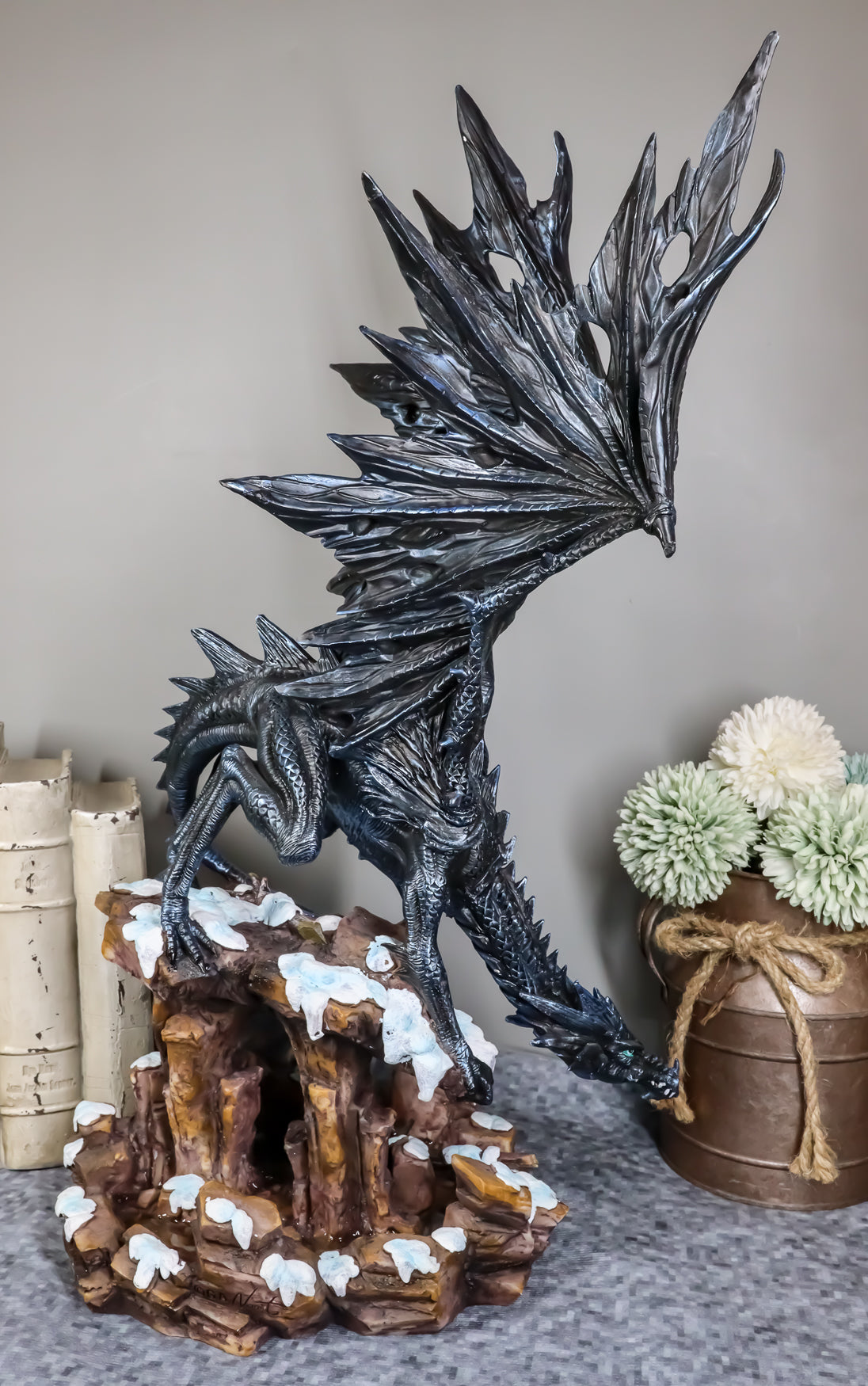 Ebros Large Dark Dragon with Frozen Ice White Baby Hatchling Statue 18.5" Tall - Ebros Gift