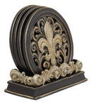 Ebros Rustic Western Tuscany Fleur De Lis Crown Carved Scroll Art Coaster Holder with 4 Round Coasters Set in Faded Bronze Finish Home and Kitchen Dining Decorative Figurine Southwestern Creole Decor