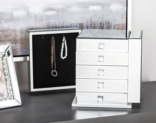 Contemporary Wooden Mirrored Glass Multiple Compartments Drawers Jewelry Box