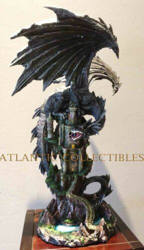 Ebros Large 23.5" Tall Black Dragon Guarding Castle Atop A Rocky Cliff Statue - Ebros Gift