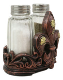 Western Tuscany Fleur De Lis Golden Flowers Salt And Pepper Shakers Holder Set