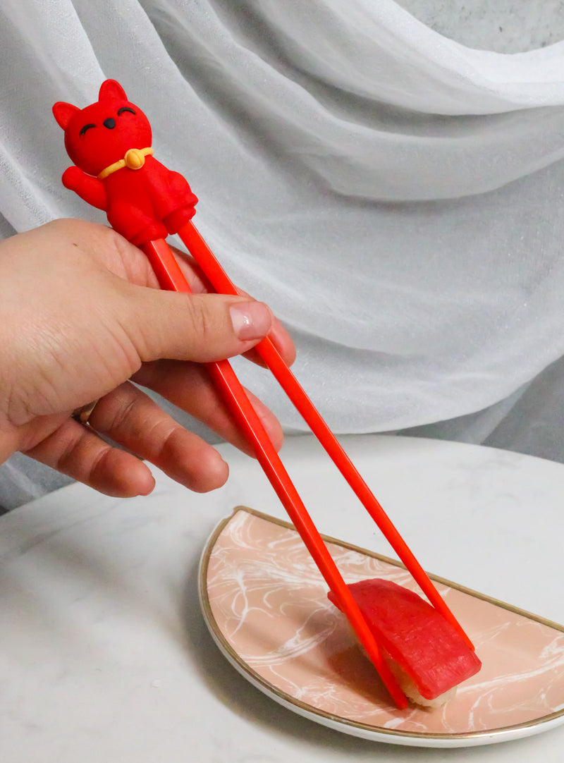 Red Maneki Neko Lucky Cat Reusable Training Chopsticks Set With Silicone Helper
