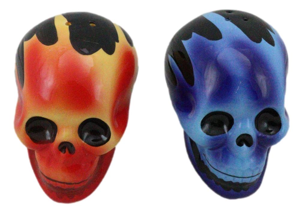 Hot Rod Flaming Inferno Skulls Ceramic Salt Pepper Shakers Fire El Diablo - Ebros Gift