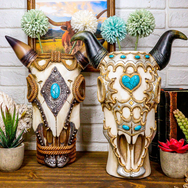 Set Of 2 Southwest Cow Skull With Turquoise Rocks And Braided Ropes Floral Vases