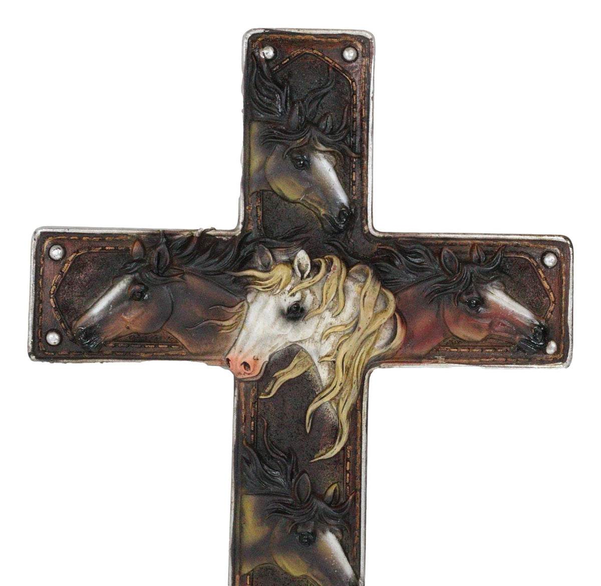 Rustic Western Colorful Horses Breeds Faux Tooled Leather Finish Wall Cross 11"