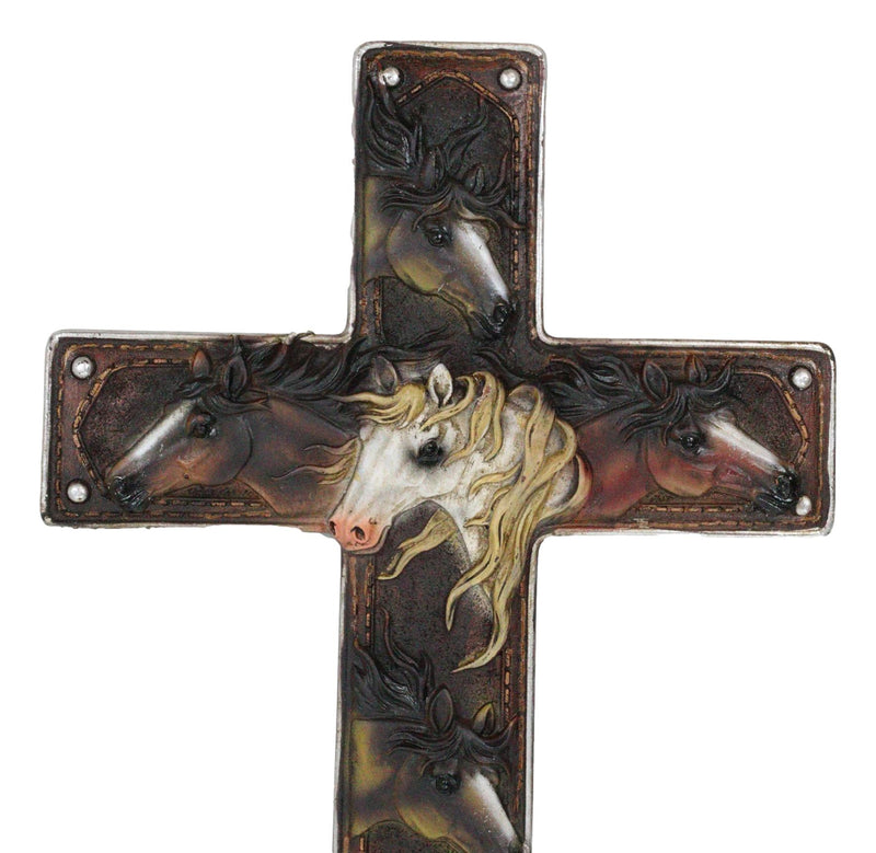 Rustic Western Colorful Horses Breeds Faux Tooled Leather Finish Wall Cross 11"