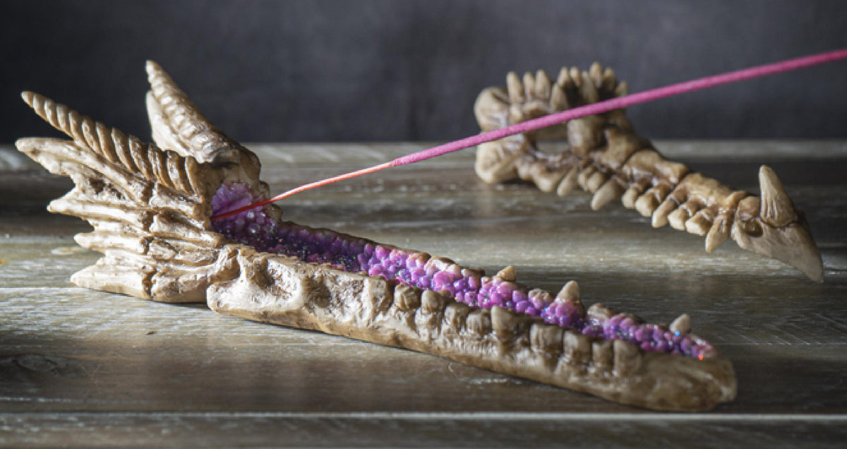 Dragon Fossil Skull Skeleton Incense Burner Box With Purple Faux Crystal Geode - Ebros Gift