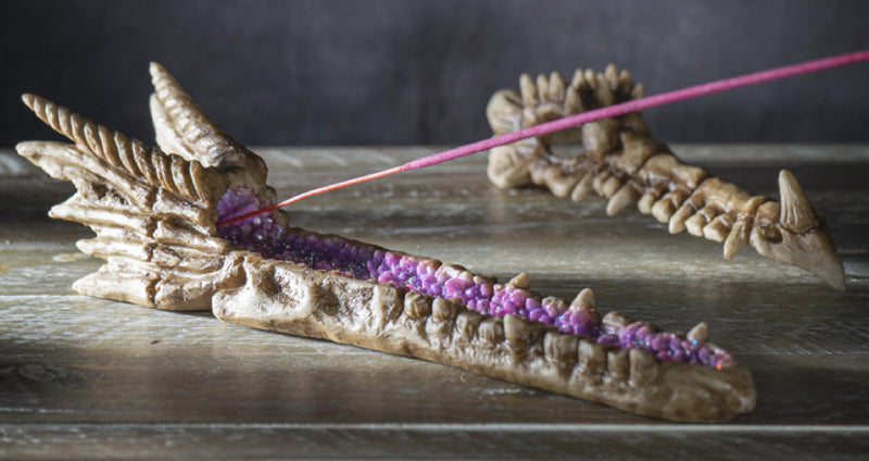 Dragon Fossil Skull Skeleton Incense Burner Box With Purple Faux Crystal Geode