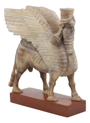 Assyrian Bull Lamassu Statue 8.5"L Decorative Shedu On Wooden Pedestal Figurine