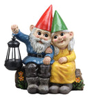 Ebros Large Mr and Mrs Gnome On Tree Log Solar LED Lantern Light Statue 13.5"H