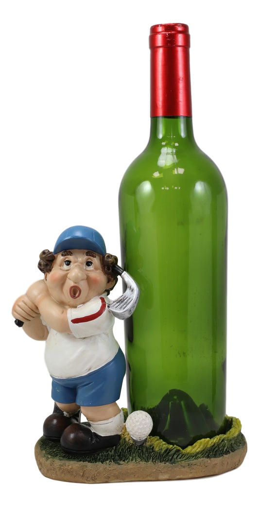 Cartoon Fat Golfer At Golf Driving Range Swinging Club Wine Holder Figurine