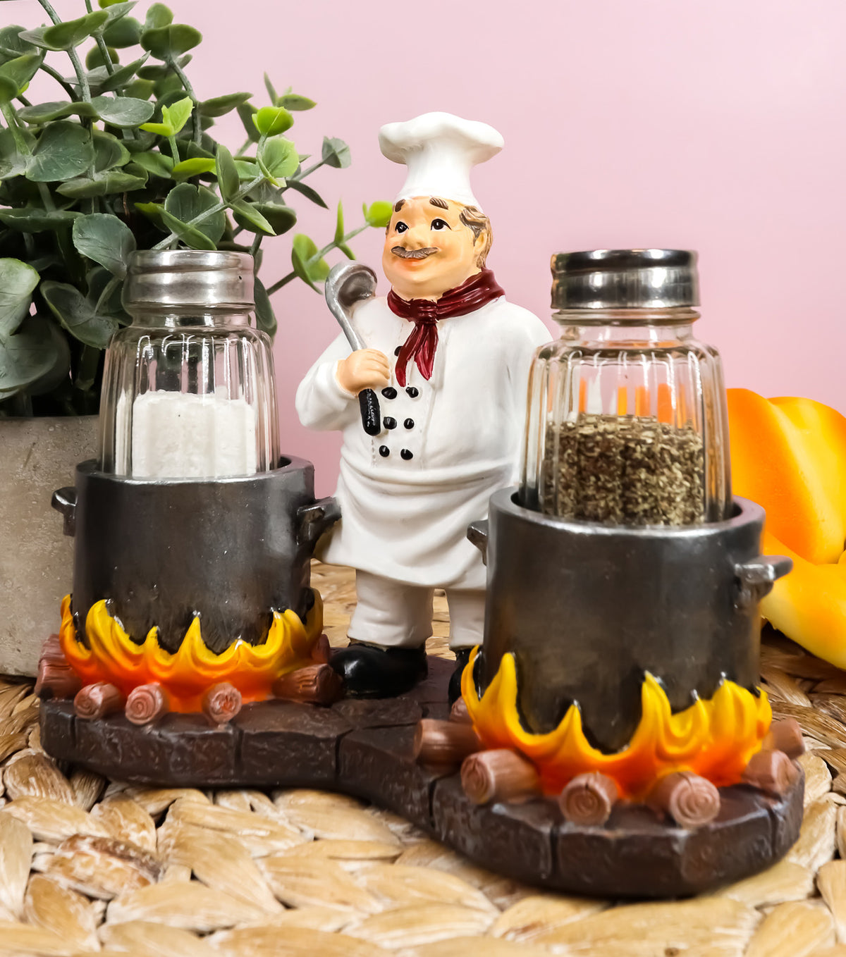 Ebros French Chef with Flaming Double Cauldron Pots Salt & Pepper Shakers Holder