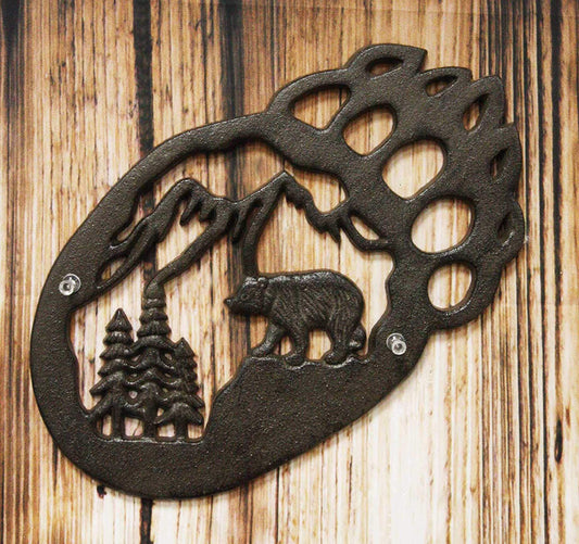 Western Black Bear Paw With Pine Tree Forest And Mountain Cast Iron Wall Decor - Ebros Gift