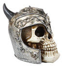 Viking Chieftain Warlord Odin Skull Figurine With Bull Horned Helmet Skeleton