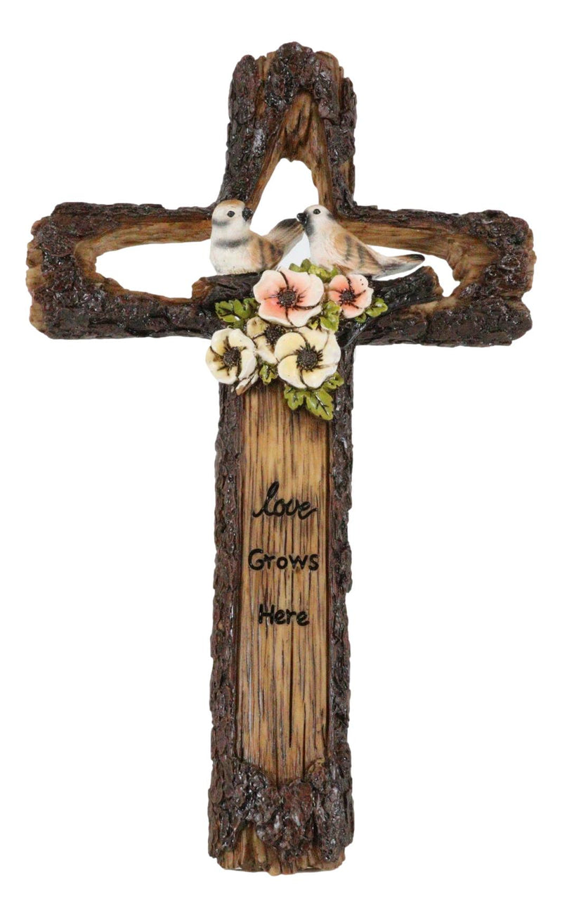 Rustic Love Grows Here Birds On Branch Flowers Faux Wooden Tree Bark Wall Cross