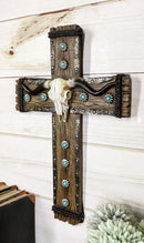 Rustic Western Turquoise Suns Longhorn Bull Cow Skull Wall Cross Decor Plaque