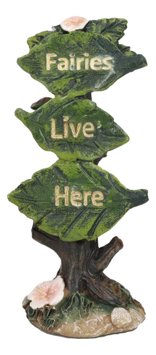 Fairy Garden Miniature Fairies Live Here Flowering Tree Leaves Sign Sculpture - Ebros Gift