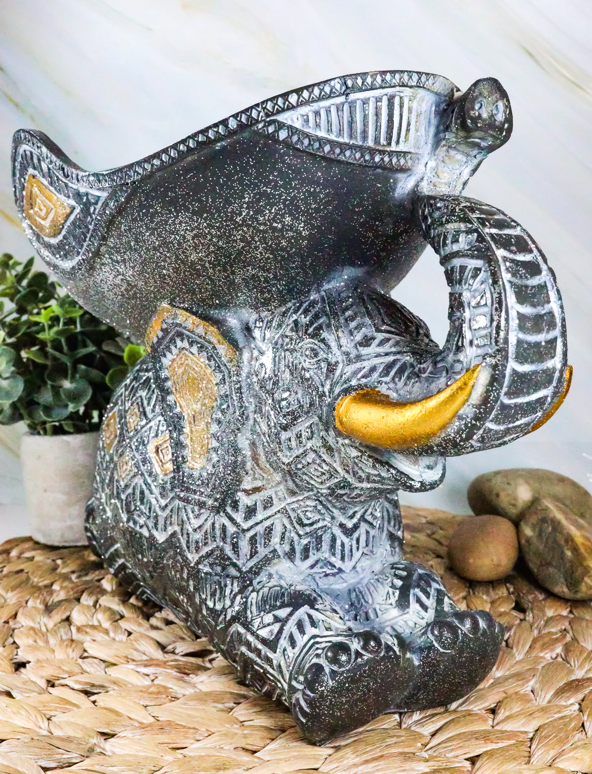 Ebros Grey Mosaic Design Elephant Laying Down With Trunk Up Holding Bowl Decor