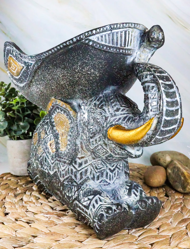 Ebros Grey Mosaic Design Elephant Laying Down With Trunk Up Holding Bowl Decor