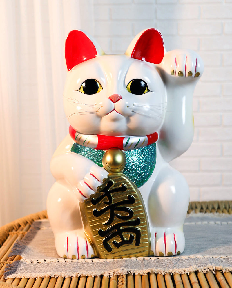 Japanese Lucky Charm White Beckoning Cat Maneki Neko Money Bank Statue 18.25"H