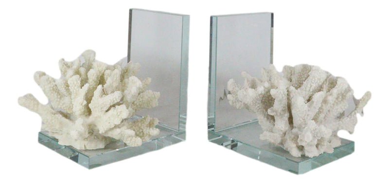 Nautical Coastal Marine White Sea Finger Corals Acrylic Glass Bookends Set