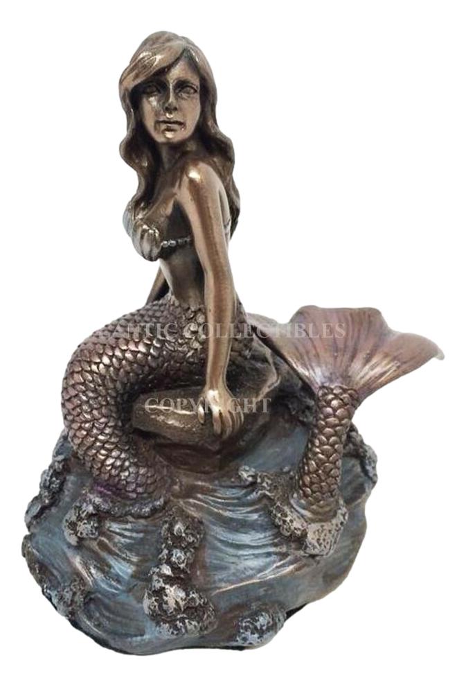 Ebros Bronze Mermaid Sitting On Rock On Sea Surface Wave Pool Figurine 4.25"H