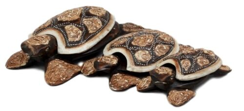 Balinese Wood Handicrafts Carved Shell Turtle Family Ashtray Box Figurine Set