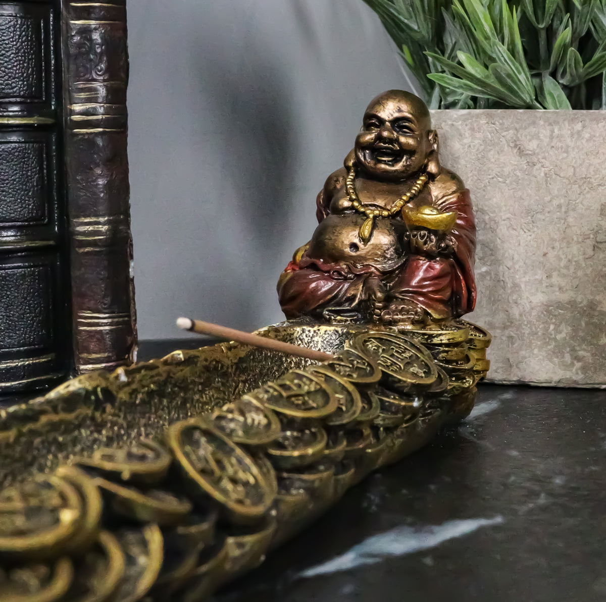 Lucky Buddha Hotei Holding Gold Ingot And Wine Gourd Incense Holder Figurine