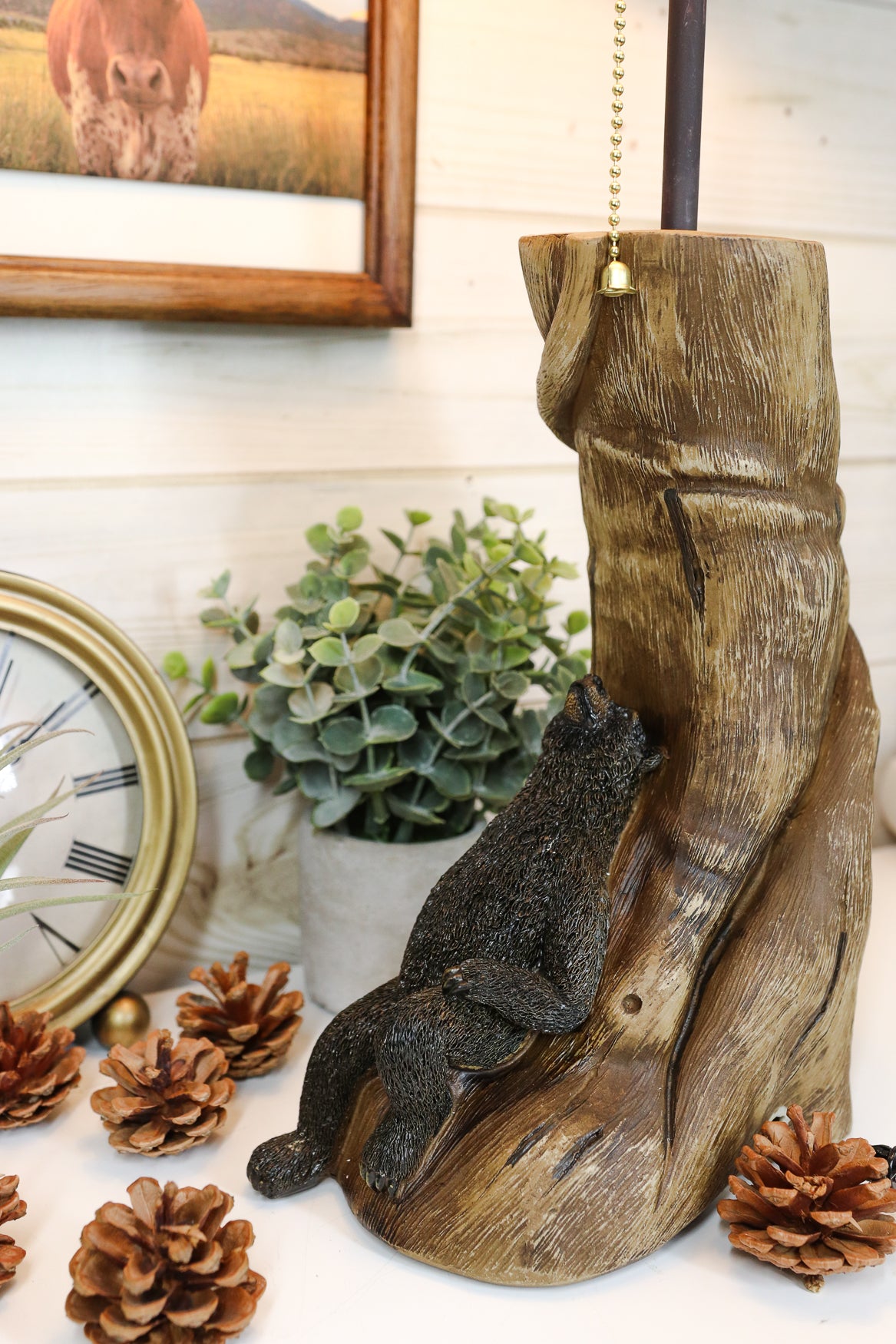 Rustic Forest Black Bear Sleeping On Tree Log Desktop Table Lamp With Shade