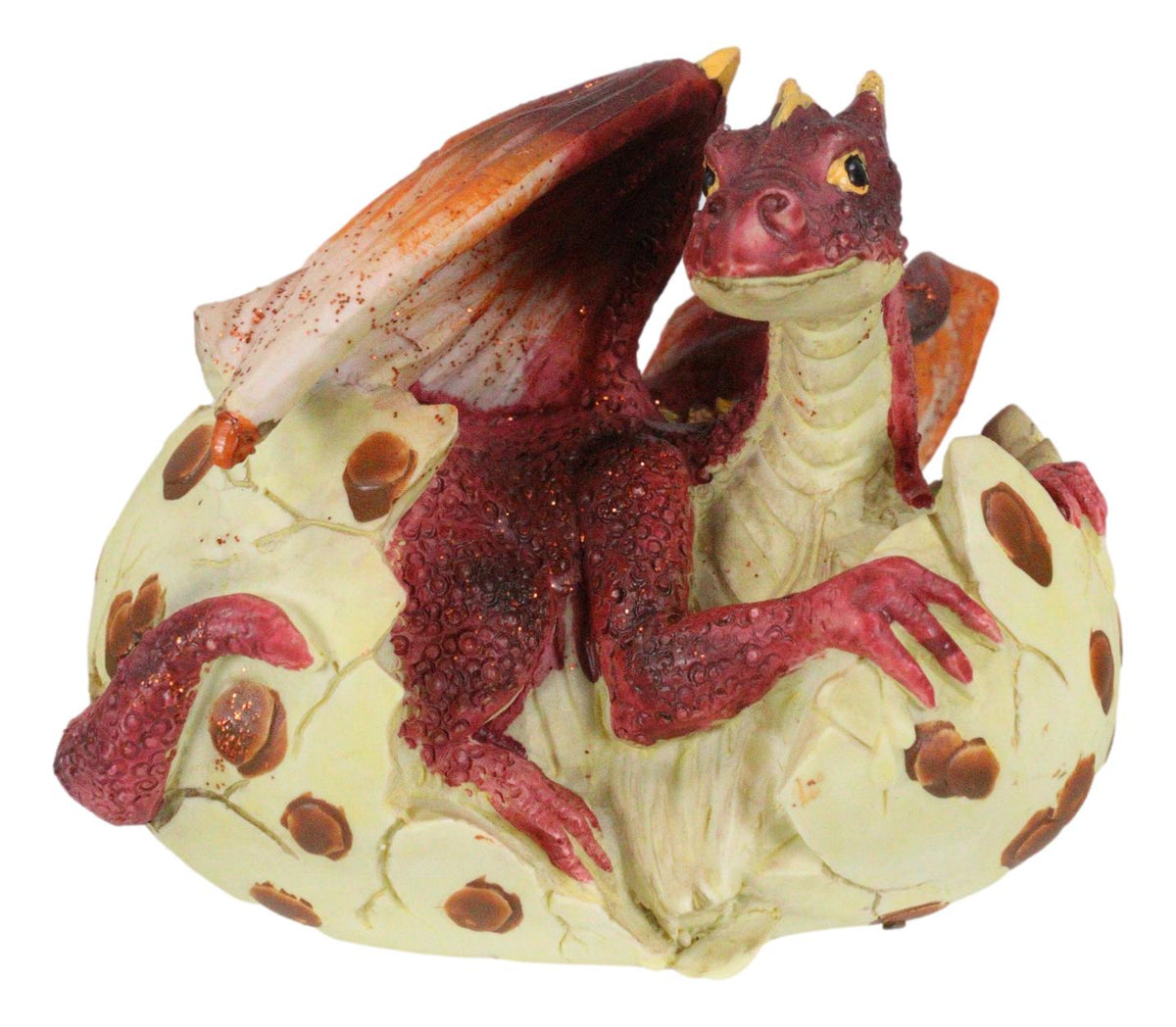 Small Sparkly Red Lava Whimsical Dragon Baby Emerging From Spotted Egg Figurine